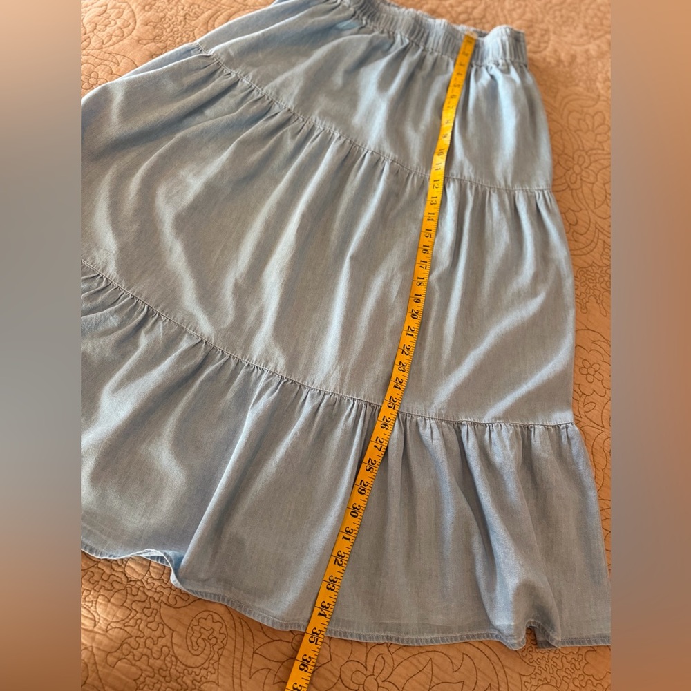 Tronjori Light Blue Chambray Denim Tiered Ankle Maxi Western Prairie Skirt, M - Picture 8 of 13